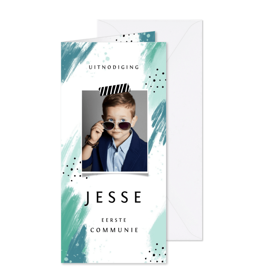 Communie uitnodiging jongen verf spetters foto mint - Kaartimpressie