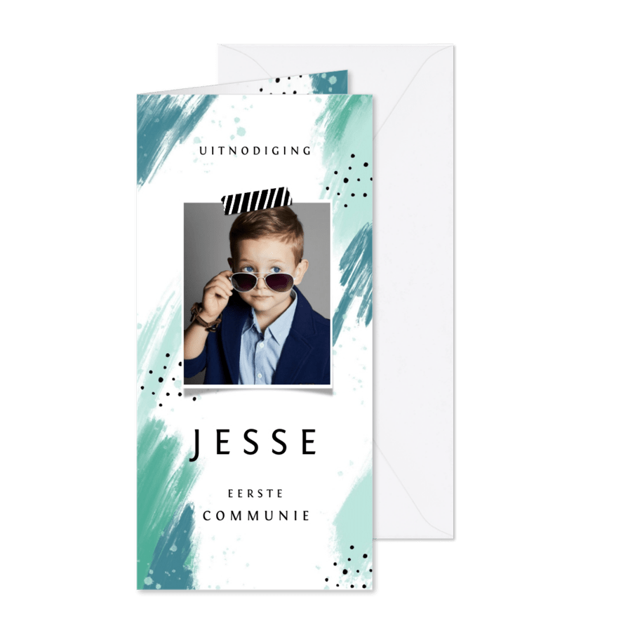 Communie uitnodiging jongen verf spetters foto mint - Kaartimpressie
