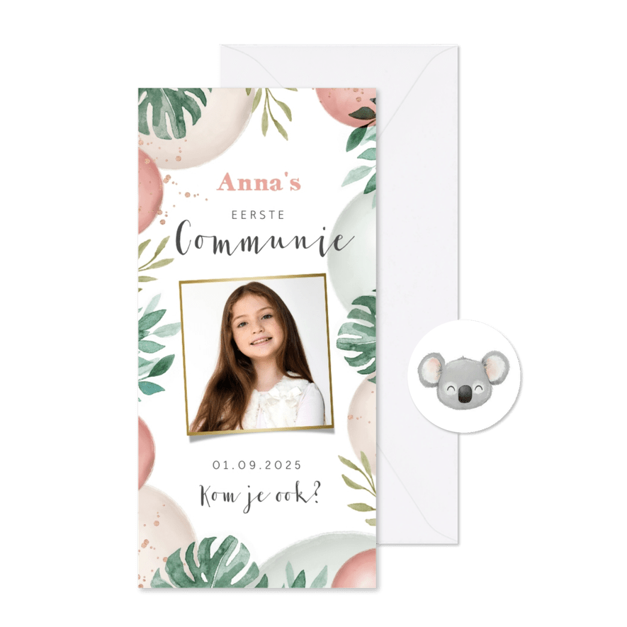 Communie uitnodiging jungle ballonnen foto koala - Kaartimpressie