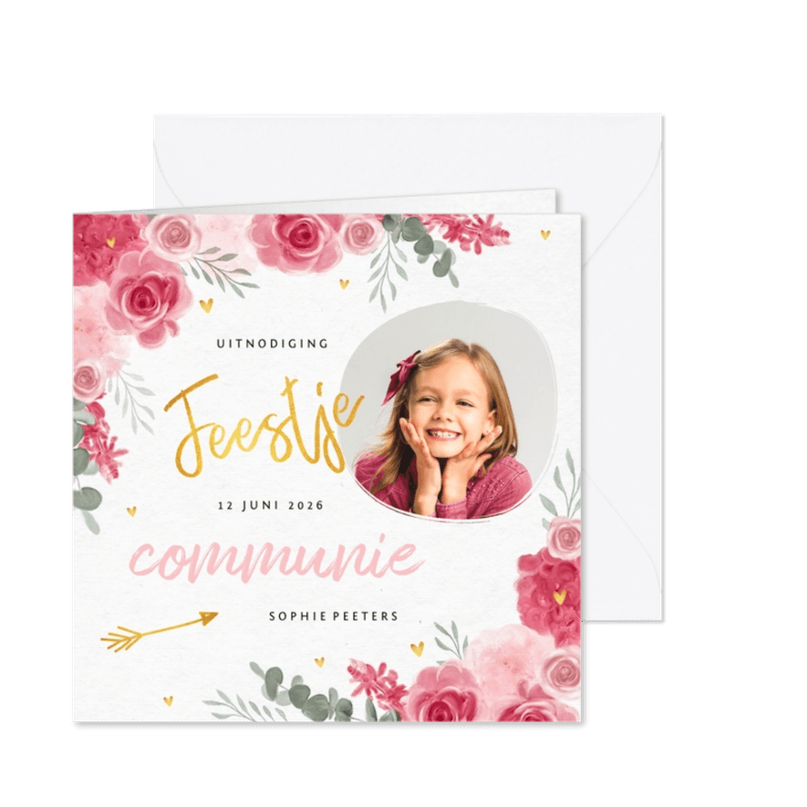 Communie uitnodiging meisje bloemen hartjes goud - Kaartimpressie