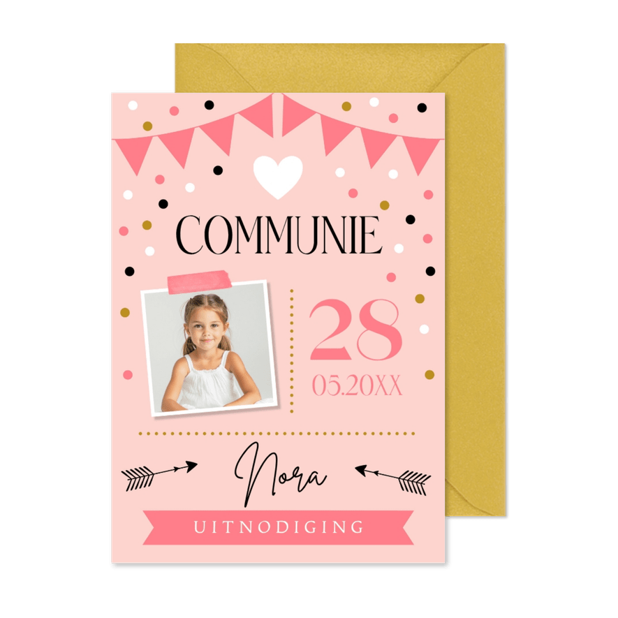 Communie uitnodiging meisje foto roze slinger typografie - Kaartimpressie