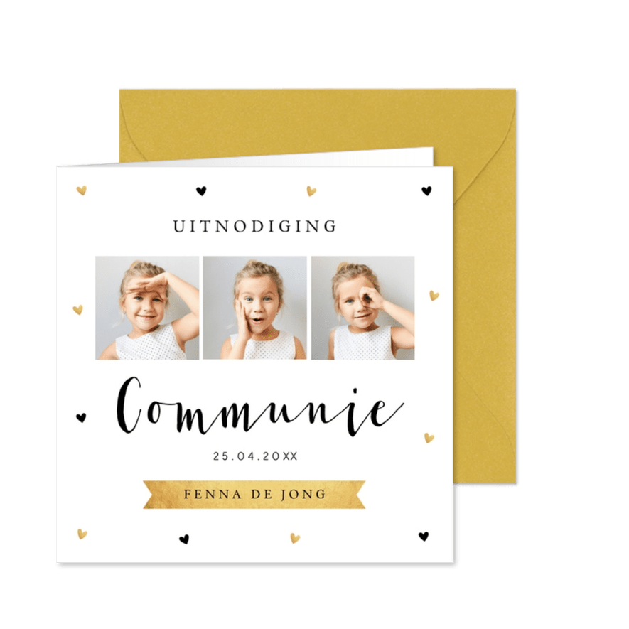 Communie uitnodiging meisje fotocollage wit goudlook hartjes - Kaartimpressie