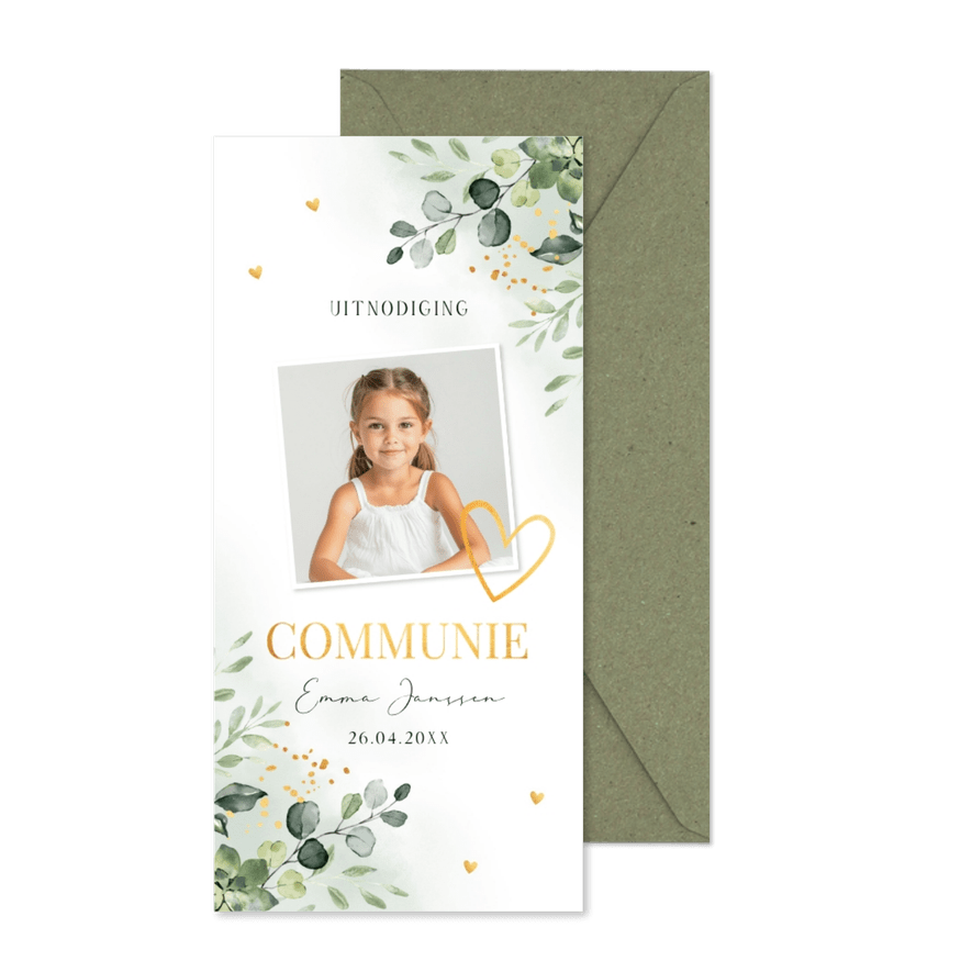 Communie uitnodiging meisje met foto groen blaadjes goudlook - Kaartimpressie