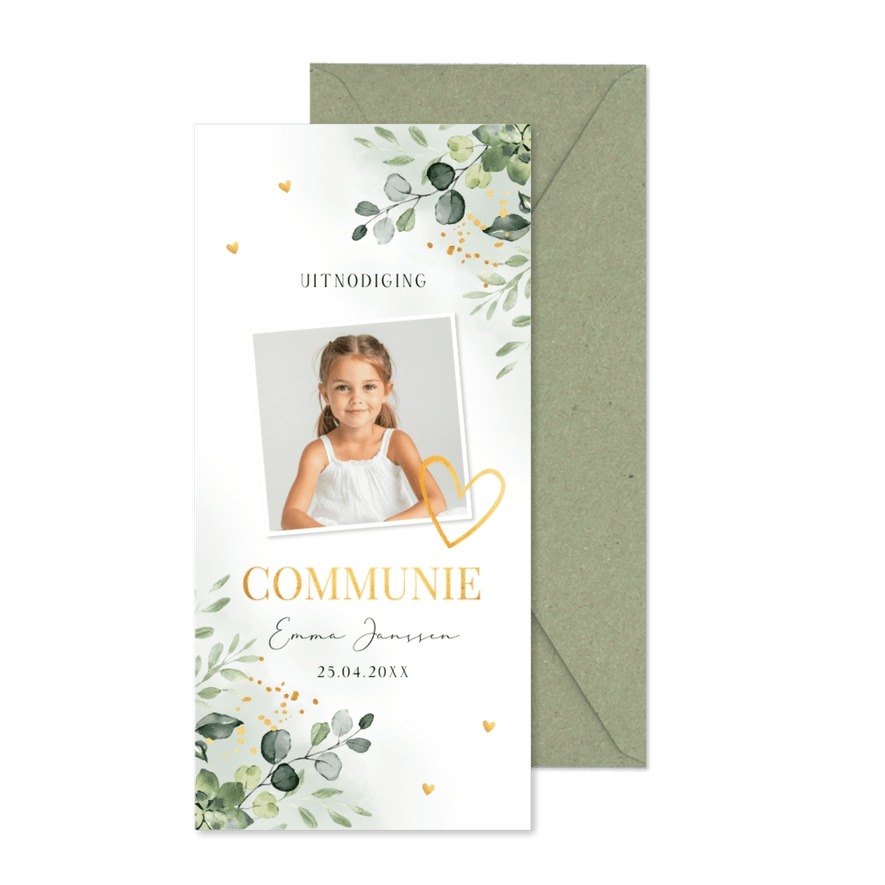 Communie uitnodiging meisje met foto groen blaadjes goudlook - Kaartimpressie