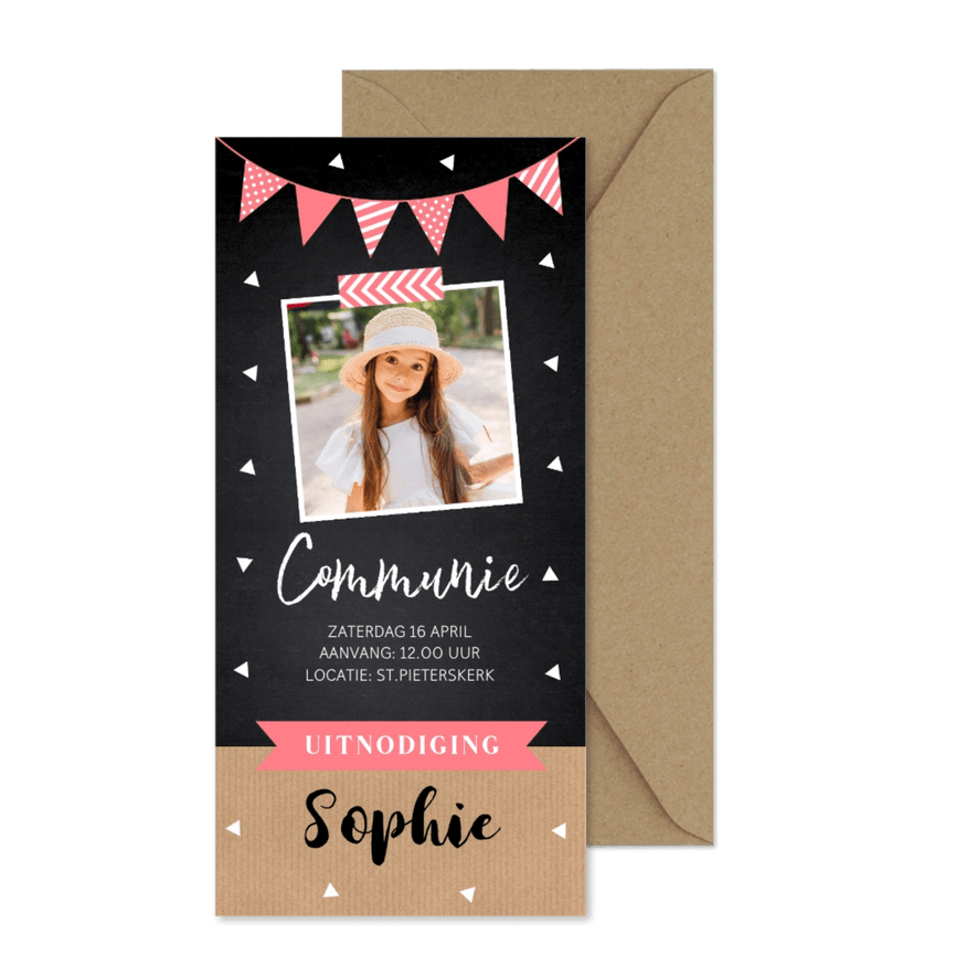 Communie uitnodiging meisje met foto langwerpig roze slinger - Kaartimpressie