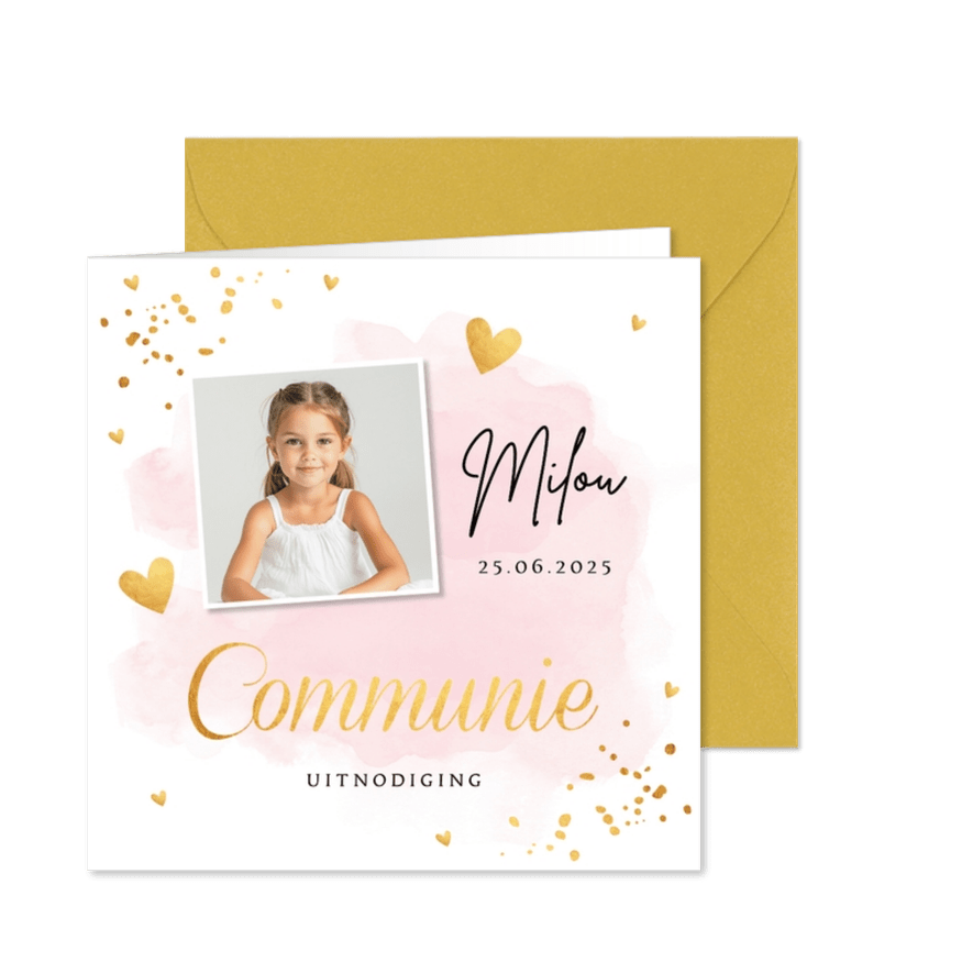 Communie uitnodiging meisje met foto roze waterverf goudlook - Kaartimpressie