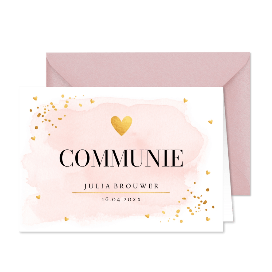 Communie uitnodiging meisje roze watercolour goudlook - Kaartimpressie
