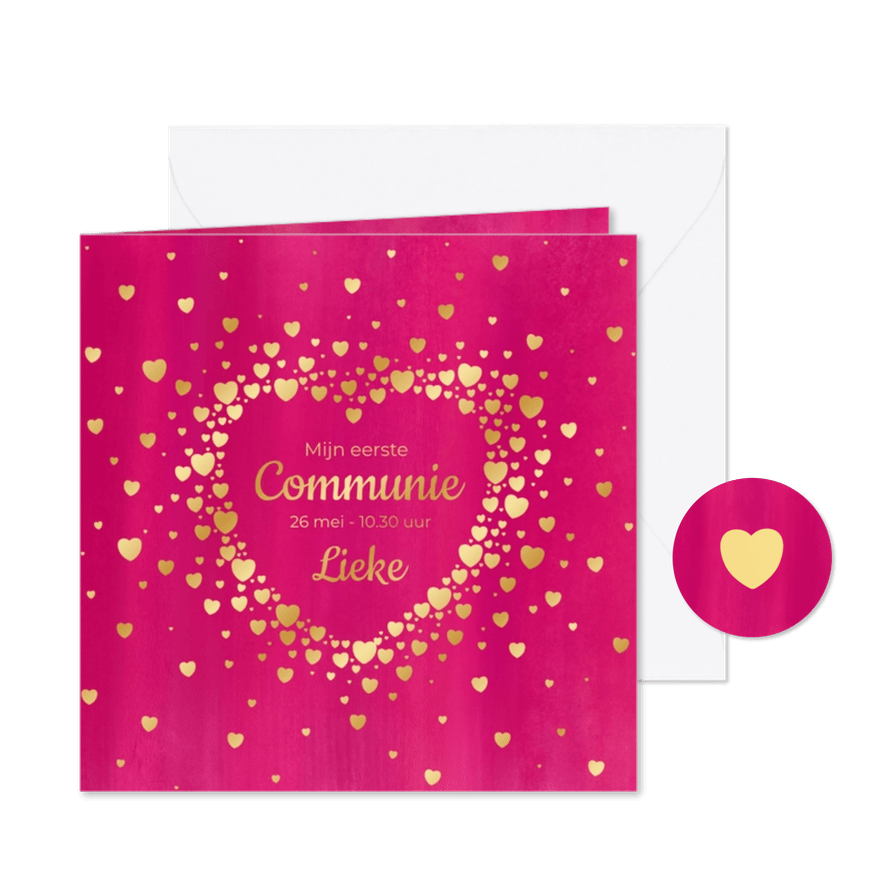 Communie uitnodiging meisje stoer roze met goudfolie - Kaartimpressie