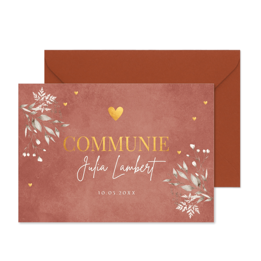Communie uitnodiging meisje terracotta roze botanisch goud - Kaartimpressie
