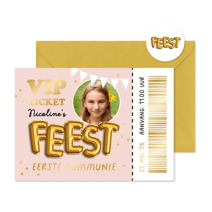 Communie uitnodiging meisje ticket goudfolie - Kaartimpressie