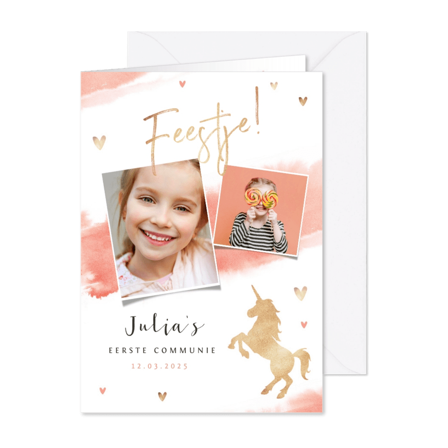 Communie uitnodiging meisje waterverf unicorn eenhoorn - Kaartimpressie