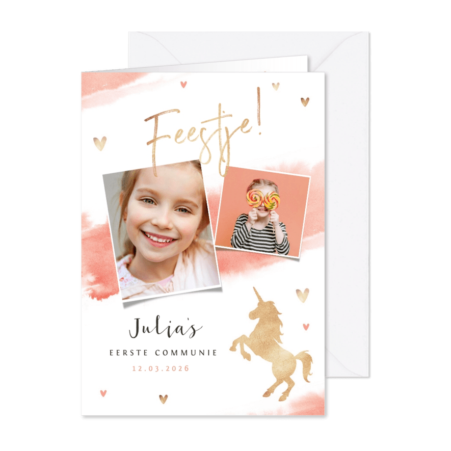 Communie uitnodiging meisje waterverf unicorn eenhoorn - Kaartimpressie