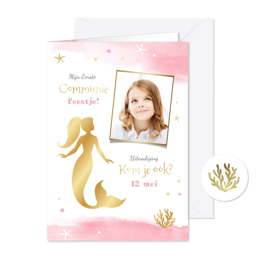 Communie uitnodiging meisje waterverf zeemeermin goud - Kaartimpressie