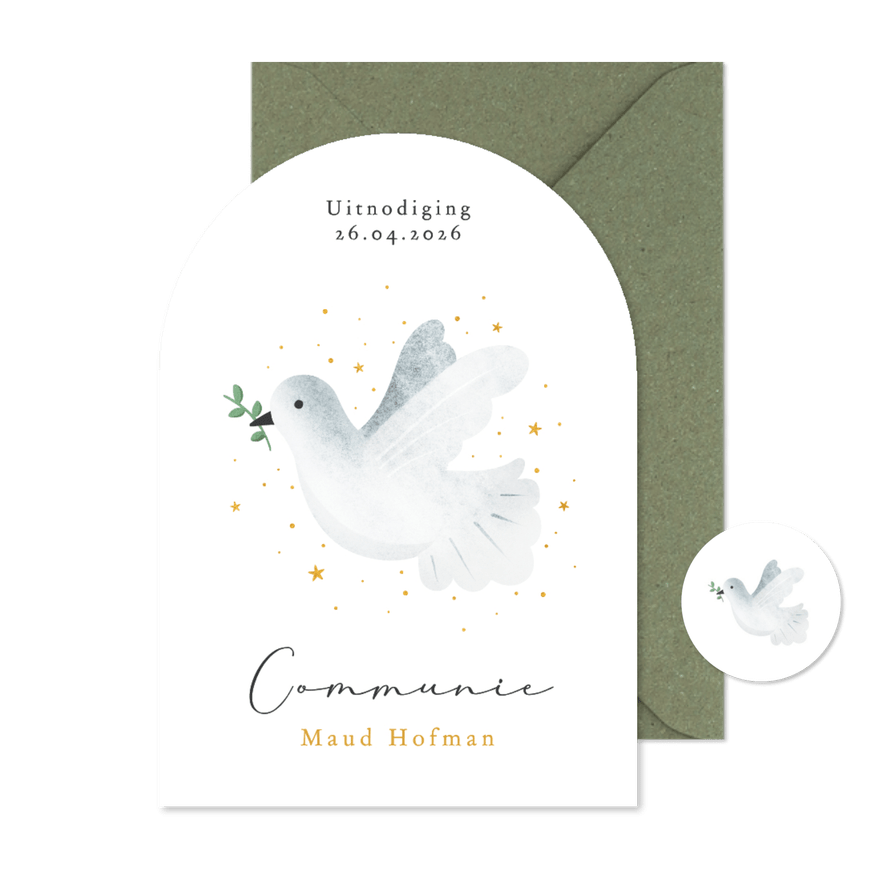 Communie uitnodiging met duifje en sterretjes - Kaartimpressie