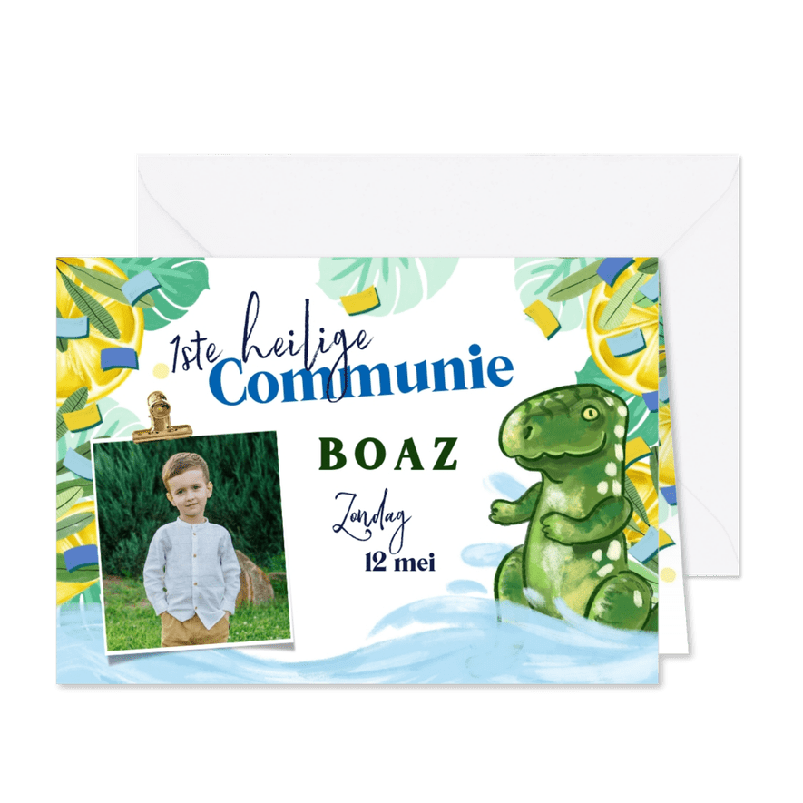 Communie uitnodiging met foto en dino - Kaartimpressie