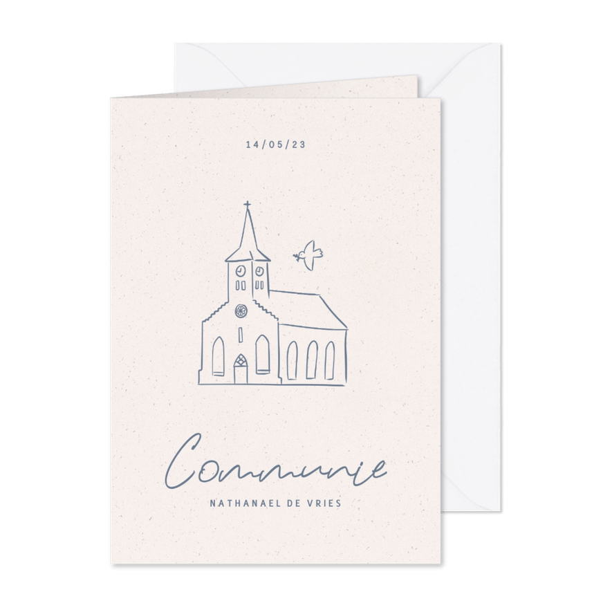 Communie uitnodiging met illustratie van kerkje en duifje - Kaartimpressie