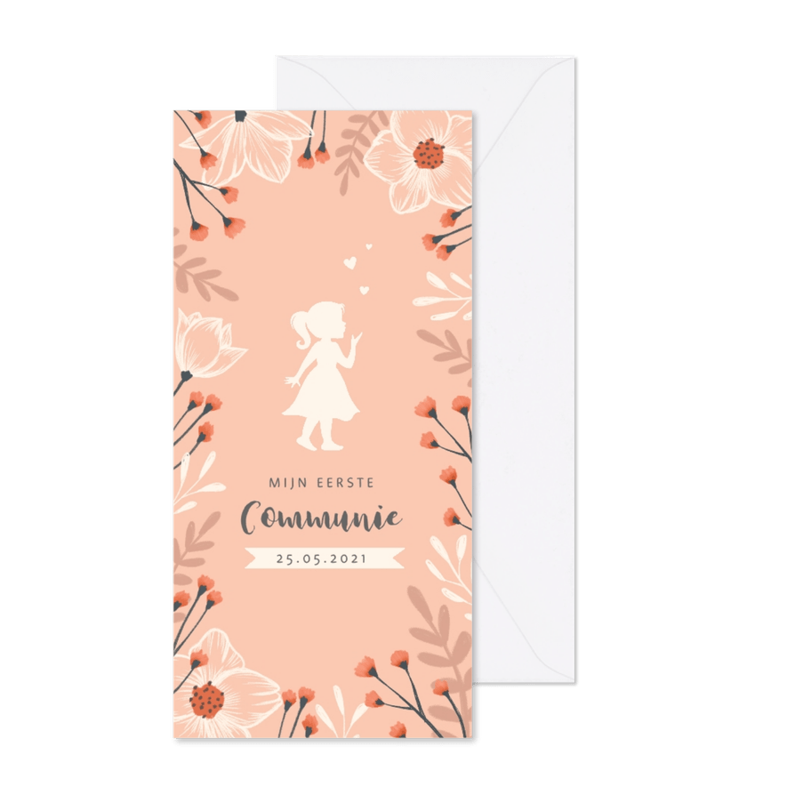 Communie uitnodiging met stijlvolle bloemen en silhouet - Kaartimpressie