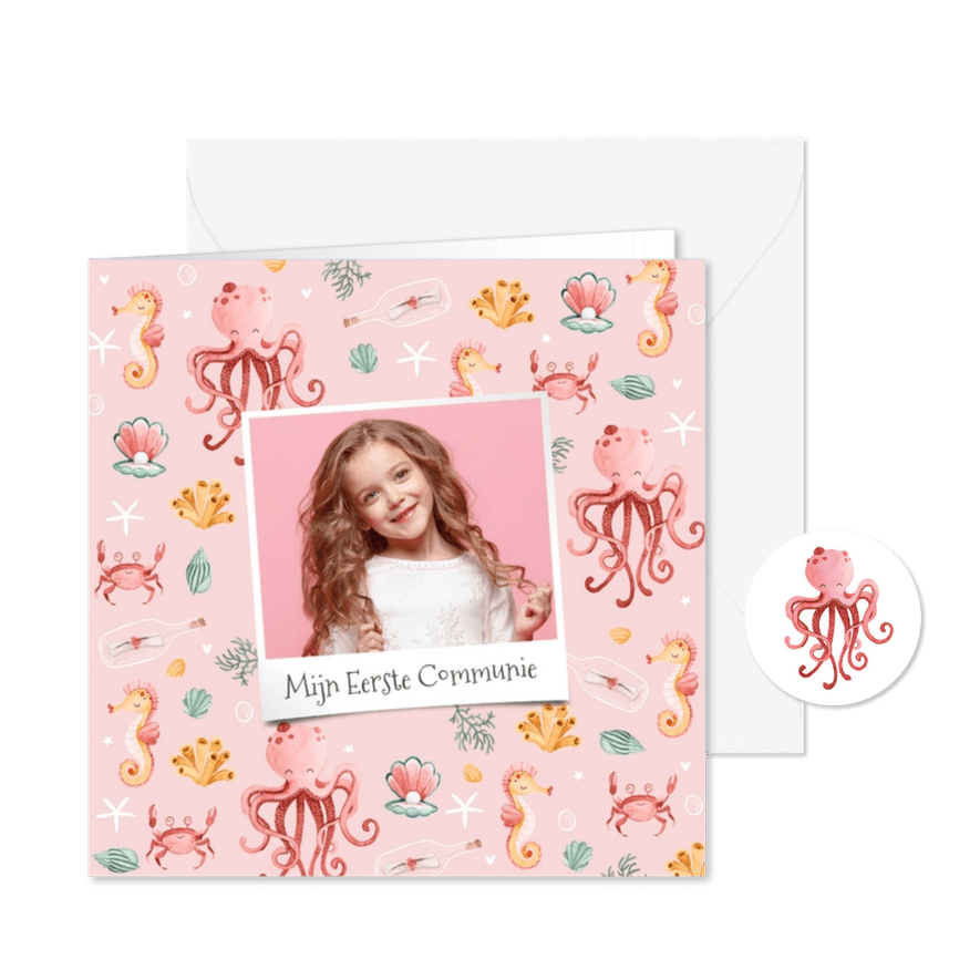 Communie uitnodiging onderwaterwereld dieren foto roze - Kaartimpressie