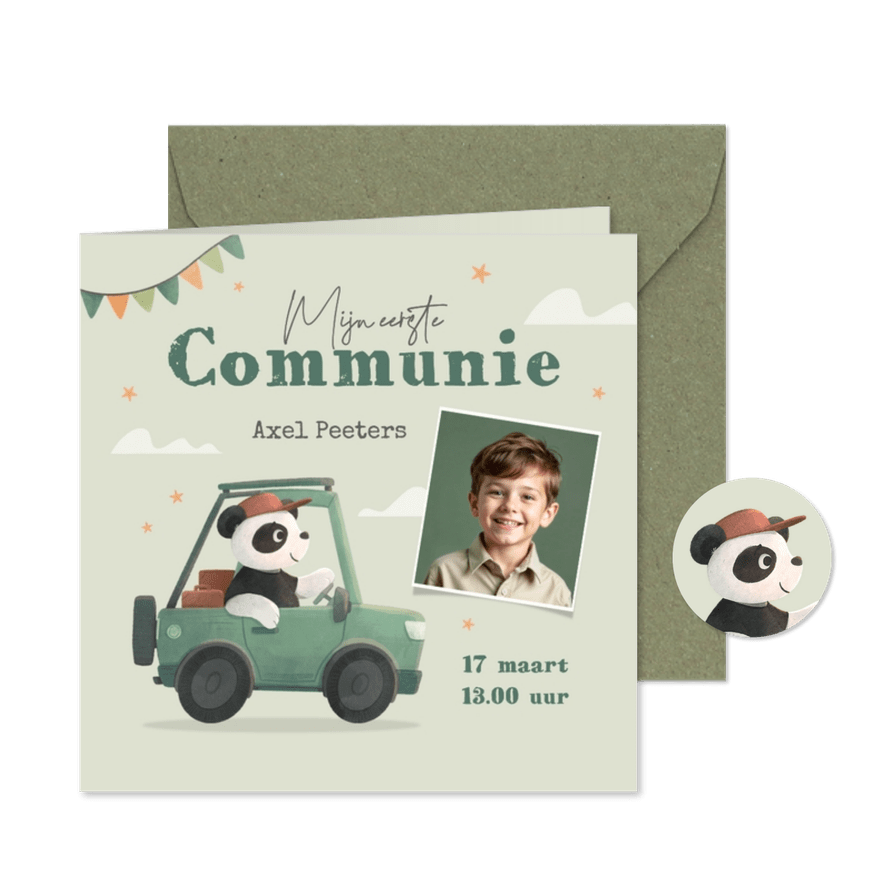 Communie uitnodiging panda auto wolken sterren foto slinger - Kaartimpressie