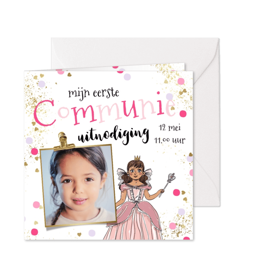 Communie uitnodiging prinses confetti gouden hartjes - Kaartimpressie