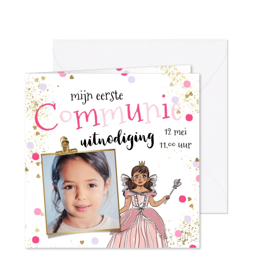 Communie uitnodiging prinses confetti gouden hartjes - Kaartimpressie