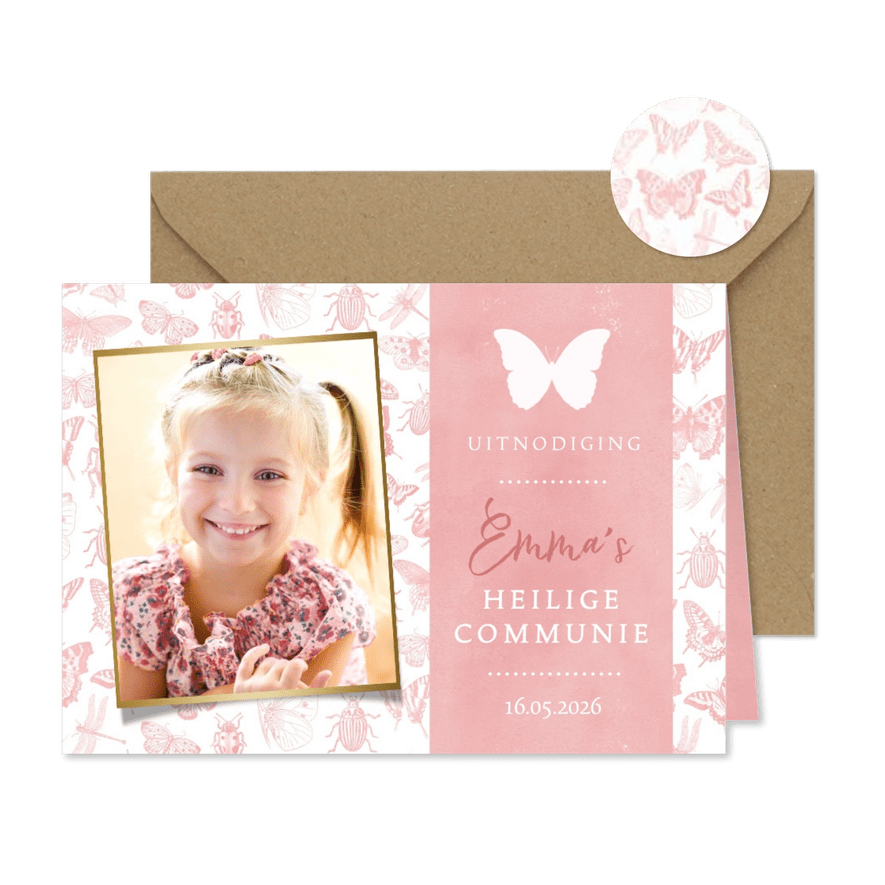 Communie uitnodiging roze voor meisjes met lente dieren - Kaartimpressie