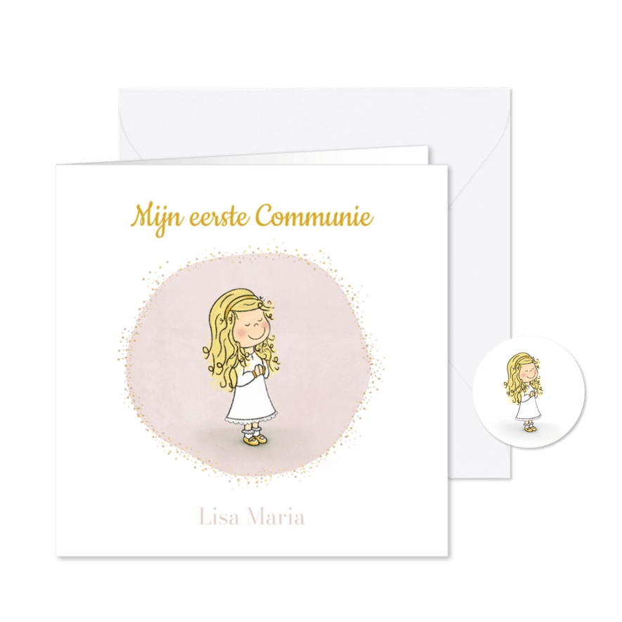 Communie uitnodiging schattig meisje met sterretjes - Kaartimpressie