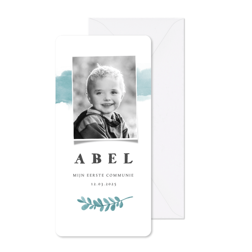 Communie uitnodiging stijlvol blauw waterverf - Kaartimpressie
