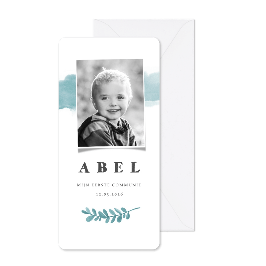 Communie uitnodiging stijlvol blauw waterverf - Kaartimpressie