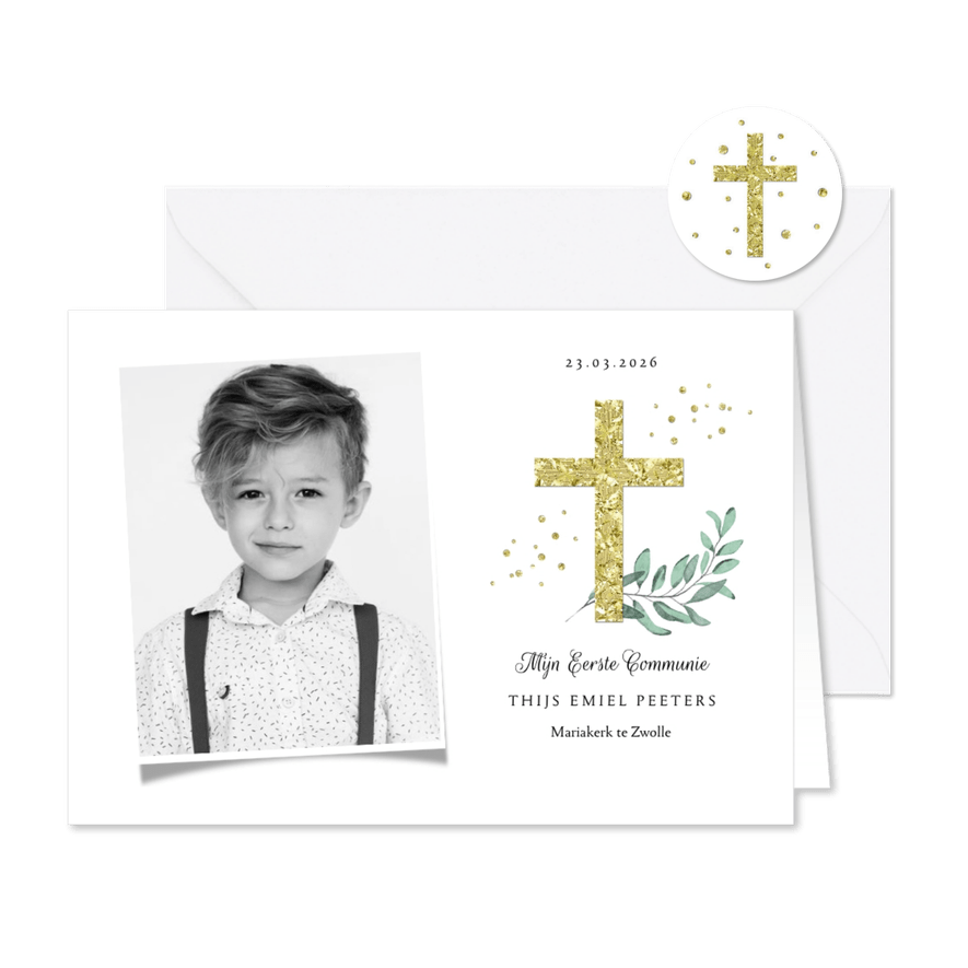Communie uitnodiging stijlvol kruis goud waterverf takje - Kaartimpressie