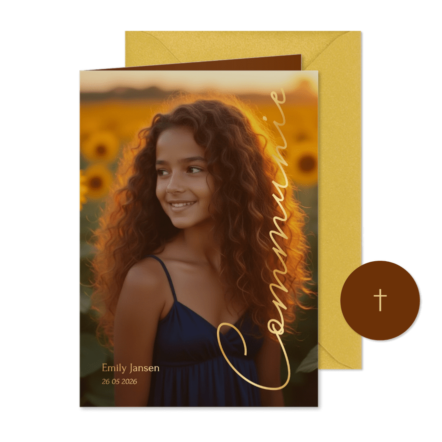 Communie uitnodiging stijlvol met grote foto en foliedruk - Kaartimpressie