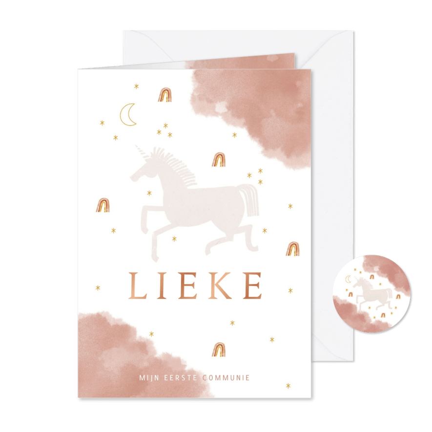 Communie uitnodiging stijlvol met unicorn en regenboog - Kaartimpressie