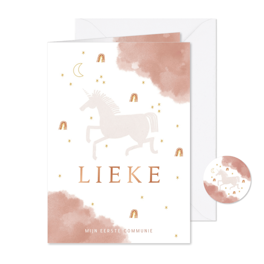 Communie uitnodiging stijlvol met unicorn en regenboog - Kaartimpressie