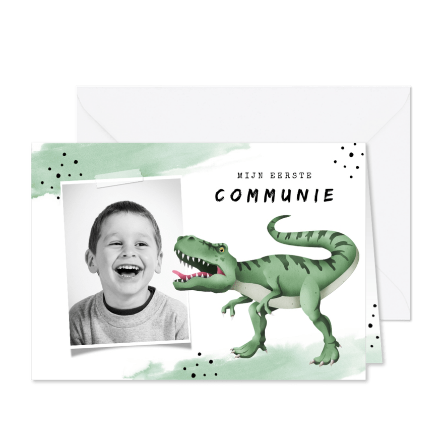 Communie uitnodiging stoer dino waterverf foto - Kaartimpressie