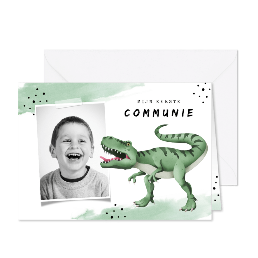 Communie uitnodiging stoer dino waterverf foto - Kaartimpressie