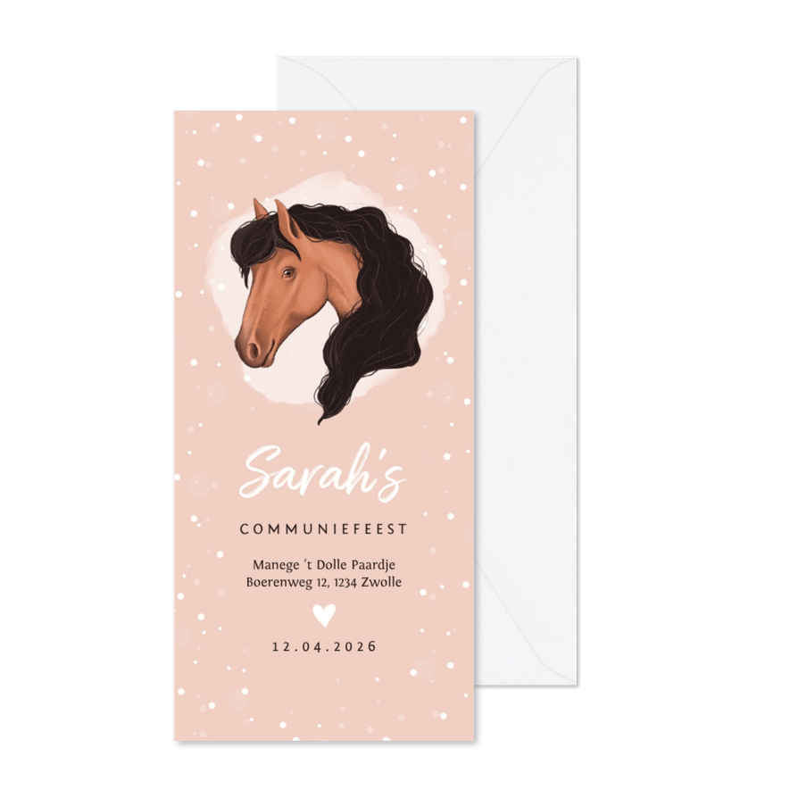 Communie uitnodiging thema paard roze - Kaartimpressie