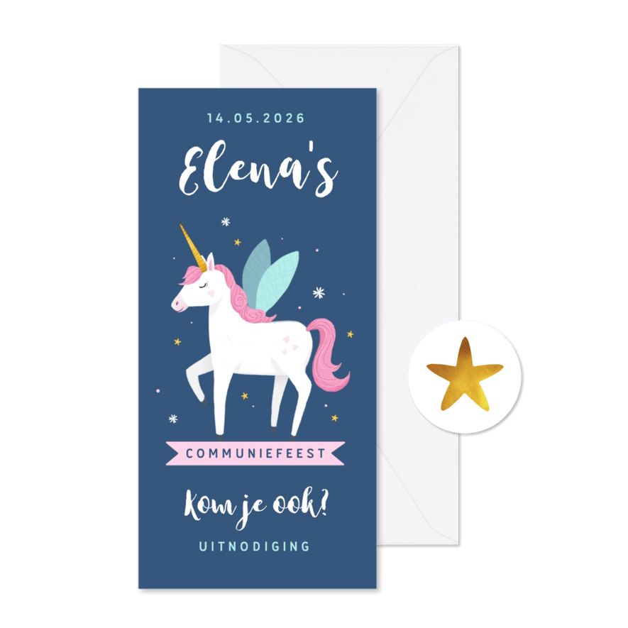 Communie uitnodiging unicorn eenhoorn feestje meisje - Kaartimpressie