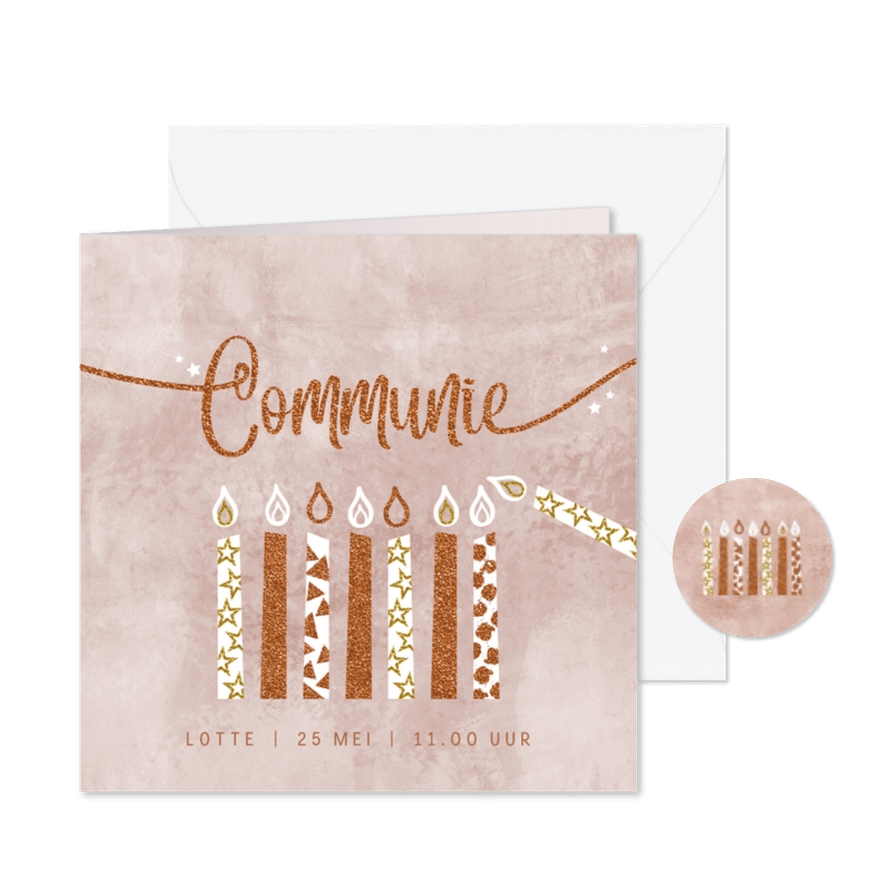 Communie uitnodiging velvet oudroze kaarsjes - Kaartimpressie