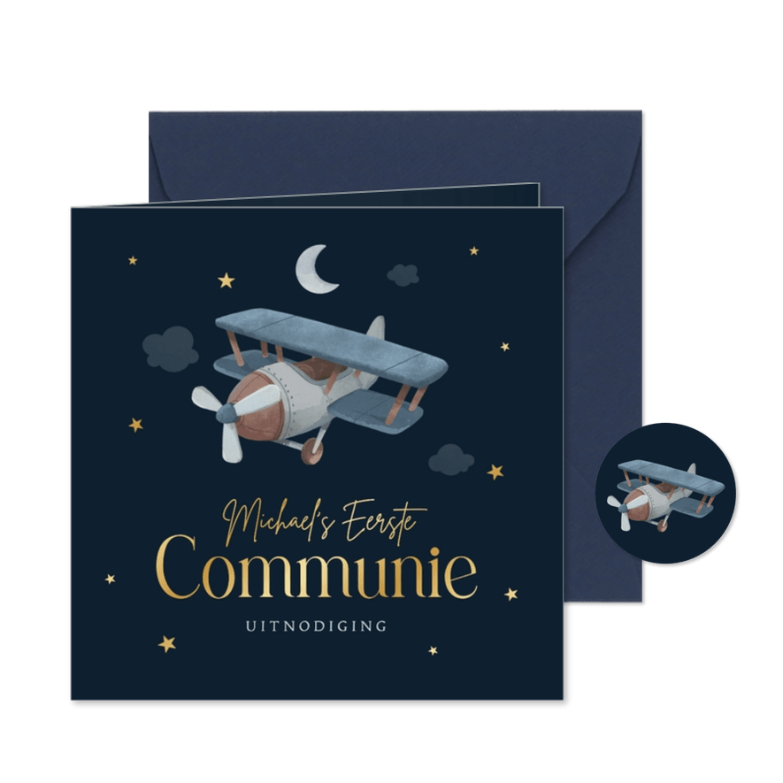 Communie uitnodiging vintage vliegtuig stoer jongen sterren  - Kaartimpressie