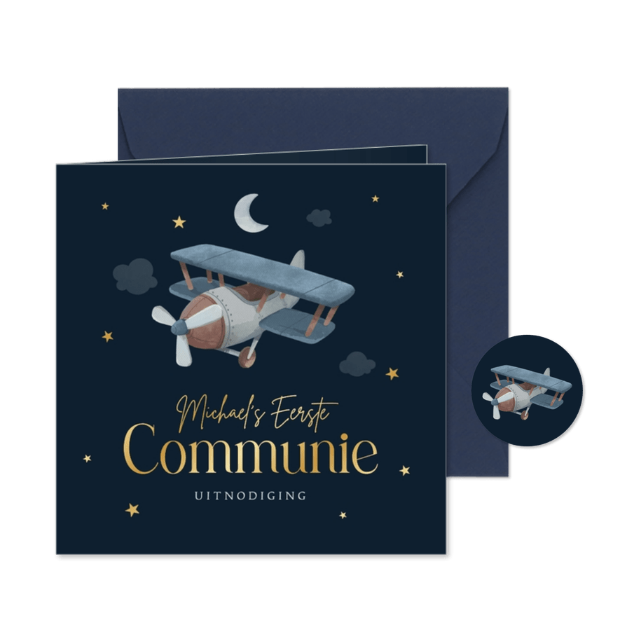 Communie uitnodiging vintage vliegtuig stoer jongen sterren - Kaartimpressie