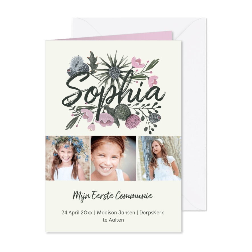 Communie uitnodiging wild bloemen bouquet - Kaartimpressie