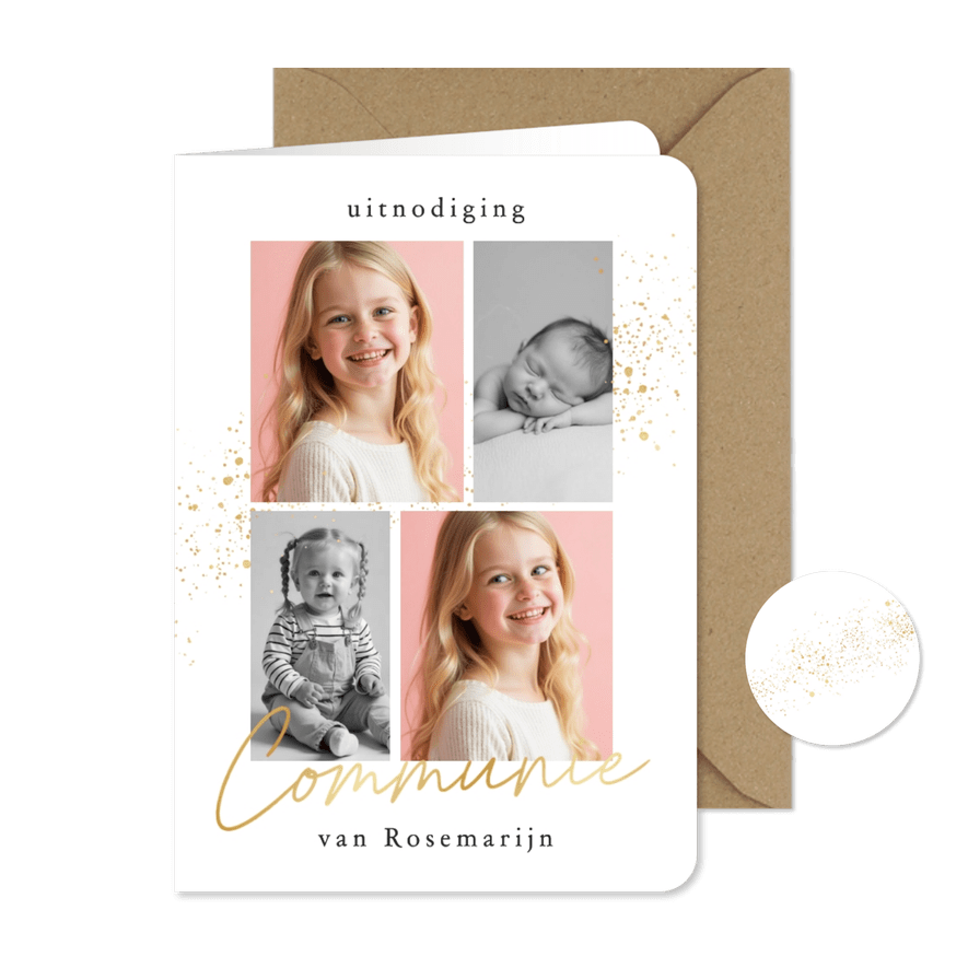 Communie uitnodiging wit met gouden spetters fotocollage - Kaartimpressie