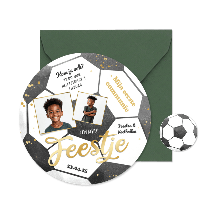 Communie uitnodigingskaart ronde vorm voetbal feestje foto's - Kaartimpressie