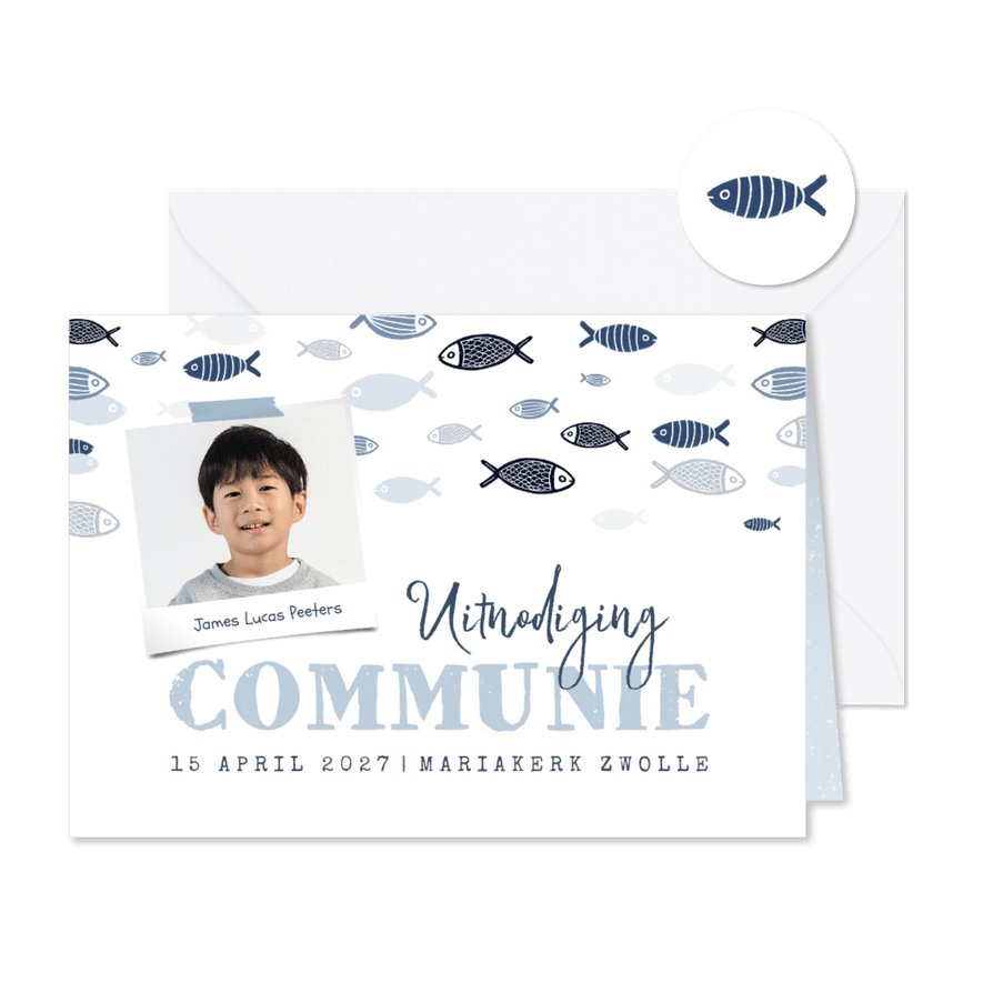 Communie uitnodigingskaart visjes symbolen foto blauw - Kaartimpressie