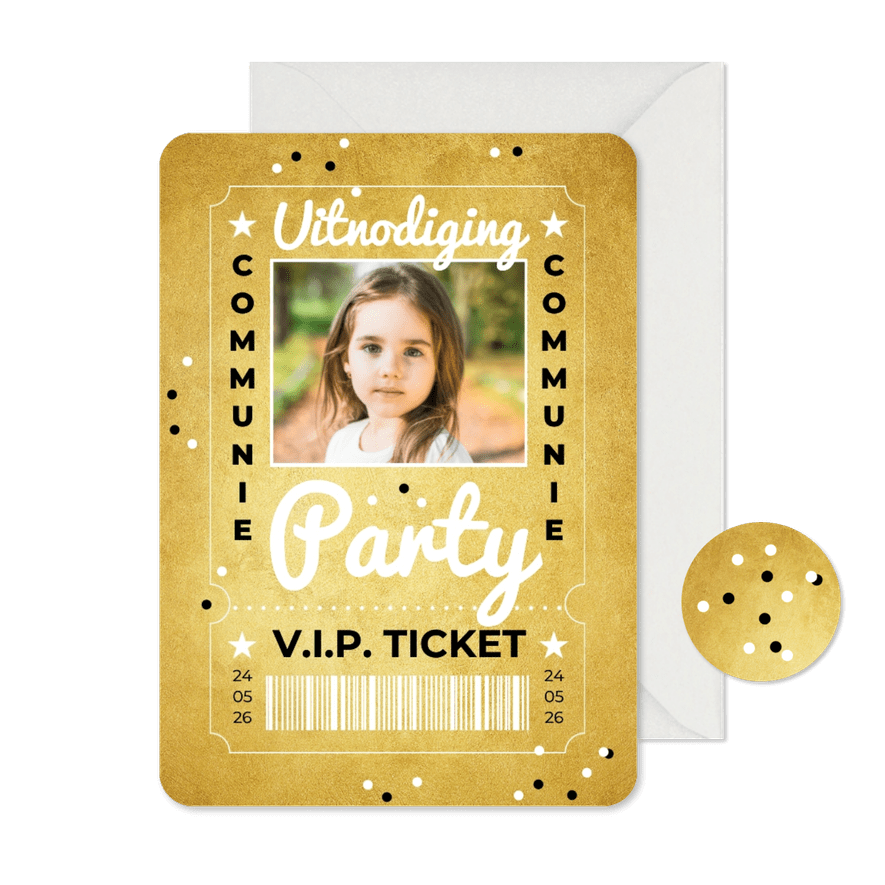 Communie VIP ticket meisje goud - Kaartimpressie