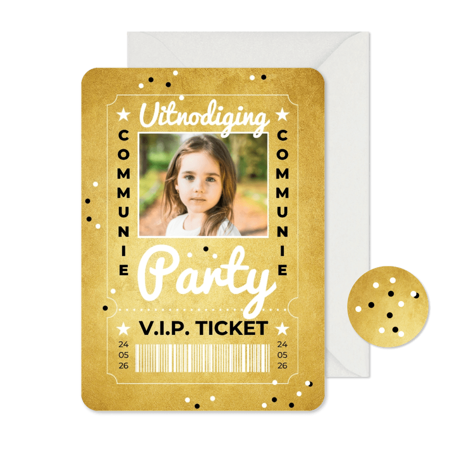 Communie VIP ticket meisje goud - Kaartimpressie