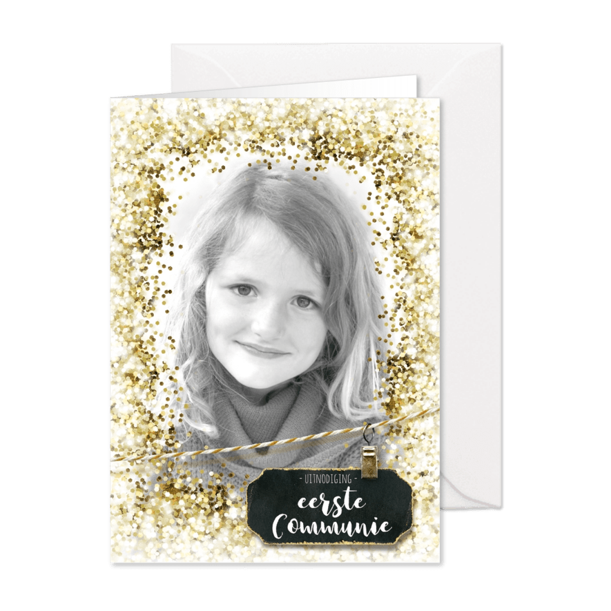 Communie vormsel lentefeest glitter kader label goud - Kaartimpressie