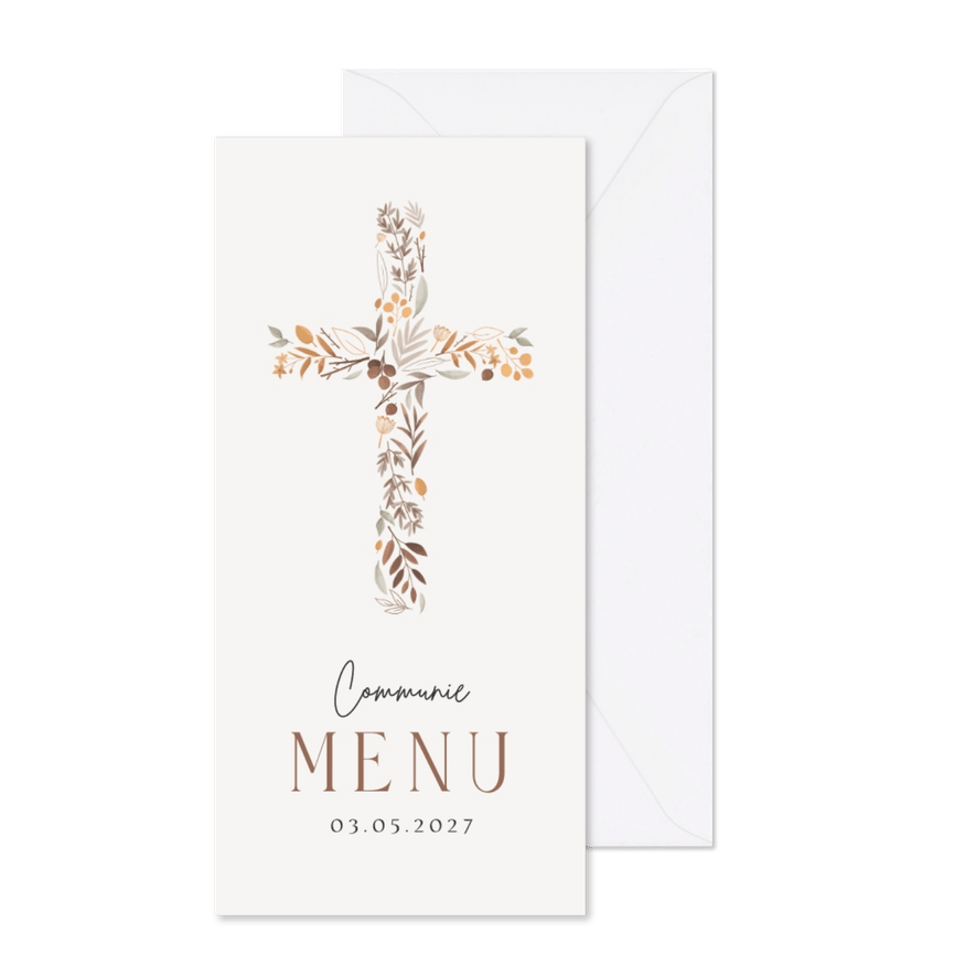 Communie vormsel menukaart kruis bladeren christelijk - Kaartimpressie