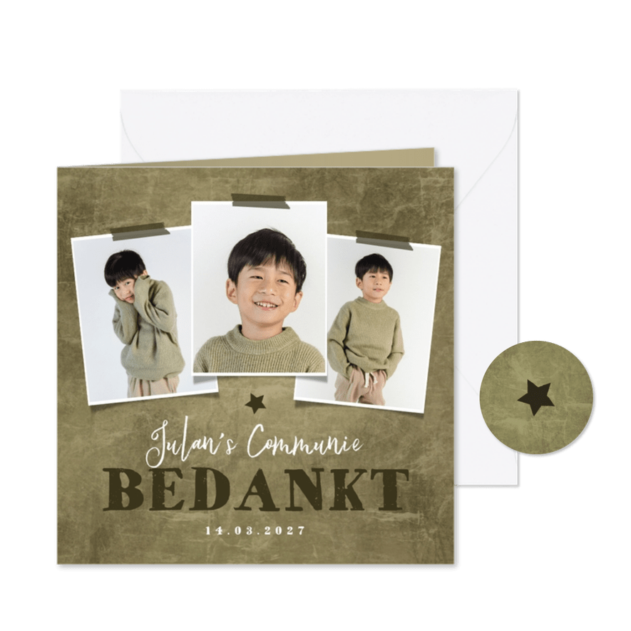 Communiefeest bedankkaart fotocollage groen ster - Kaartimpressie