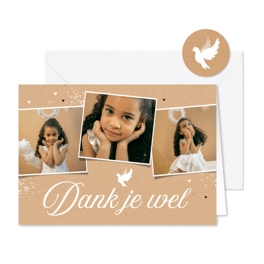 Communiefeest bedankkaart kraft duif foto hartjes - Kaartimpressie